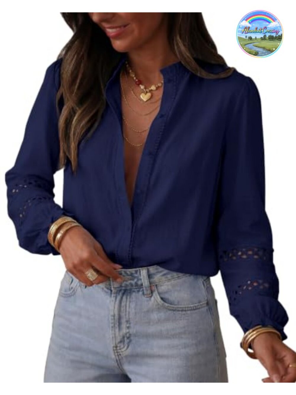 100% Cotton Eyelet Button Up Shirt Long Sleeve Lace Blouse